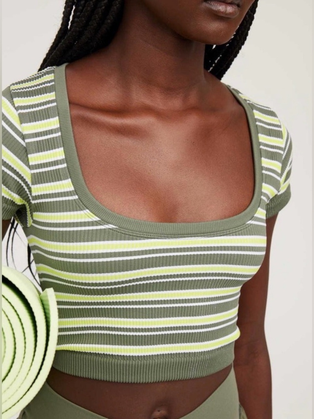 NWT Offline by Aerie Scoop Neck Striped Crop Top in Olive Green